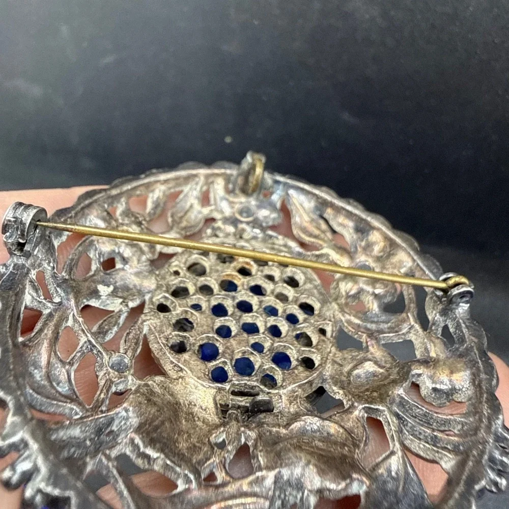 Vintage Pot Metal Silver Tone Brooch Acrylic Blue Flower